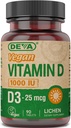 Deva Vegan Vitamina D3 Supliment - comprimat o dată pe zi cu 1000 UI - Colecalciferol - Lichen Plant Derived - 90 comprimate mici