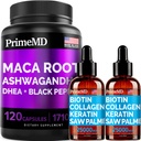 4-in-1 Liquid Biotin Collagen Keratin Saw Palmetto picături (2 fl oz - 2 Pack) & 6-in-1 Maca Root Ashwagandha w Black Pepper Fruit (120ct) Bundle - păr, piele, unghii, energie și supliment de sprijin pentru mood