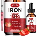 Supliment de fier lichid pentru femei si barbati picatura de fier Suplimente de fier pentru anemie cu Folate, Vitamina C, B12 pentru suport de celule rosii din sange, 2 Fl Oz
