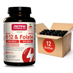 Formule Jarrow Ultra Formulă Metil B-12 5000 mcg & metil Folate 800 mcg + P-5-P, Supliment pentru energie celulară Metabolizare şi suport cardiovascular, 60 comprimate masticabile, 60 zile de aprovizionare, 12 cutii