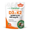 VEV Corefeel Vitamina D3 K2, 10000 UI D3, 200mcg K2 (cu MK7), suporta sanatatea oaselor si a dintilor, Dual Nutrient Support pentru wellness zilnic, Usor de inghitit 300 Capsule