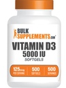 BulkSupplements.com Vitamina D3 5000UI Softgels - Colecalciferol, D3 Supliment, Vitamina D 5000 UI - 1 Vitamina D3 Softgel (125mcg de vitamina D) per Serving, 500 Conte (Pachet de 1)