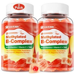 Complexul de Super Vitamine B pentru femei și bărbați, Gumiile umplute, Gumiile metilate w/Omega 3, Magneziu, CoQ10, Ashwagandha, Vitamina C, TMG, Sugar Free - 60 Count (Pachetul de 2)
