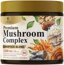 Pudră de ciuperci Suplimente 2200mg - 11 în 1 Complex de praf de formulă cu organic Lions Mane, Reishi, Cordyceps, Chaga, Turcia Tail Mushroom Extras Supliment pentru memorie și suport creier - 60 Serviri