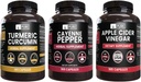 Pure INGREDIENTS Cayenne Pepper, Curcumin Turmeric, Cidru de Oţet de mere Bundle (365 capsule)