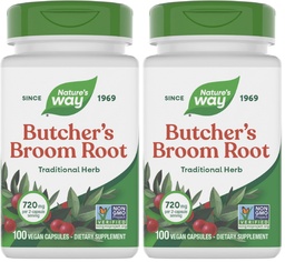 Nature's Way Butcher's Broom Root, Tradiţional Leg Vein Support*, 100 Vegan Capsules (Pachet de 2)