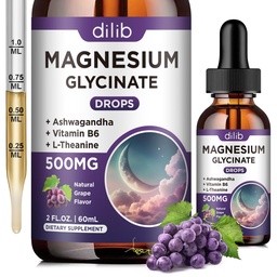 Magneziu Glicinat Picături lichide 500mg, cu vitamina B6, Ashwagandha, L - Theanină, Mușețel, Magneziu Glycinate Supliment de absorbție ridicată pentru somn, Stres, Energie, Mood - Aromă de struguri, 2 FL.OZ