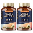 13-in-1 Vitamina B Complex Plus cu vitamina B1, B2, B3 (Niacina), B4, B5, B6, B7 (Biotina), B8 (Inositol), B9 (Folat), B12, C, D3, K2 pentru energie, Nervi, Imun, Piele - 120 de capace pe flacon - 2 flacoane