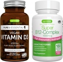Vitamina Vegan D3 + Super B12-Complex, Bundle Vegan, 365 1000iu Vitamina D3 Tablete + Absorbție ridicată sublingual B12, de Igennus