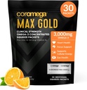 Coromega MAX Gold 3000mg Ulei de pește Omega-3 + vitamina D Squeeze Packets, Wild-Caught, fără gust de pește - 3X o mai bună absorbție decât Softgels, susține creierul și inima de sănătate (30 Serviri, Orange Flavor)