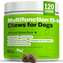 Deley Naturals 15 din 1 Multivitamine pentru câini - Vitamine complete pentru câini și suplimente pentru suport imunitar, comun, piele, digestia, inima & sănătatea generală - Suplimente multifuncționale zilnice - 120 Chews