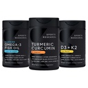 Sports Research Wild Alaskan Pollock Omega 3 Fish Oil 90 Softgels (1250 mg), Turmeric Curcumin C3 Complex (120 Softgels) și Vegan 5000 UI Vitamina D + 100mcg Mk7 Vitamina K (60 Softgels)