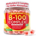 Super Vitamina B Complex Gummies - Toate vitaminele B, inclusiv metil B12, B1, B2, B3, B5, B6, Biotina, Methylfolat cu vitamina C, colină, Inositol, PABA pentru energie, Brain & Immune Support, Zahăr gratuit