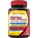 Medicului Retete Supliment de fier, Bisglicinat de fier cu vitamina C, B6, Folate & B12, non-conspitante, Stomac prietenos, Pastile de fier blând pentru deficit de fier, sânge și suport energetic, 60 Vegan Caps