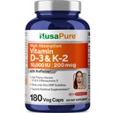 NusaPure Vitamina K2 (MK7) (200mcg) + Vitamina D3 (10000 UI) 180 Veg Caps - Bioperină, Soyfree, Non-GMO
