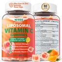 Vitamina lipozomala C 1000mg Gummies pentru adulti - Vitamina C masticabila cu elderberry, zinc & 8mg fier, zahar gratuit Vit C Suplimente, Daily Immune Support Gummies for Energy, Colagen Booster 60 Counts