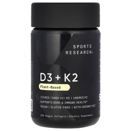 Cercetare sportivă Vitamina D3 cu K2 Softgels - Plant based K2 & Vegan D3 5000iu cu ulei de cocos MCT - Vegan Certified, Soy & Gluten Free - 120 Conte