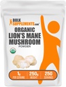 BulkSupplements.com Organic Lions Mane Mushroom Powder - Lions Mane Powder, Mushroom Supplement - Vegan & Gluten Free, 1g per Serving, 250g (8,8 oz) (Pachet de 1)