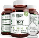 Natural Nutra Vitamina B12 1000 mcg, Cobalamină B 12 Supliment, Fosfat de calciu, Ajutor în Sănătatea Metabolismului, Sprijină Sistemul nervos, Absorbție optimă, Gluten gratuit, Zahăr gratuit, 60 comprimate Vegan