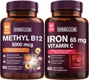 Fier și vitamina B12 Bundle, 5000 mcg B12, Zero Zahăr, Carbonil Fier cu vitamina C, blând pe stomac