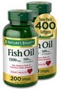 Nature's Bounty Fish Oil, Dietary Supplement with 360mg Omega-3, Supports Heart Health, 1200mg, 200 Softgels (Pachet de 2)