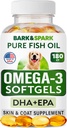 BARK&SPARK Omega 3 pentru câini - 180 Softuri de ulei de pește pentru vărsarea câinilor, Alergia pielii, relieful mâncărimilor, tratamentul petelor fierbinți - Sănătatea comună - Suplimentul pielii și hainelor - EPA & DHA Acid gras - Ulei de somon