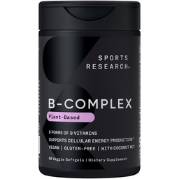 Sports Research® Vitamina B-complex - Spectrul complet de vitamine B cu metilat B12 & Folat - Gluten gratuit · Plant-Based · Non-GMO · Vegan-Friendly Formula - 60 Veggie Softgels