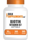 BulkSupplements.com Biotin 10000mcg Softgels - Vitamina B7, Vitamine Biotin pentru păr, piele și unghii, Supliment Biotin - Gluten gratuit, 1 Softgel per Servire, 365 Conte (Pachet de 1)