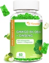 240MG Ginkgo Biloba Gummies cu ginseng şi magneziu, Ginko Biloba Suplimente Gummie pentru concentrarea creierului, Mood şi Memorie pentru adulţi, 60 Cts