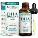 LiveWise Naturals DHA Omega-3 Picături lichide pentru sugari și copii mici, Vegan-Friendly Omega-3 Supliment esențial, promovează sănătos creier, ochi, corp de apărare, copil și copil nutriție