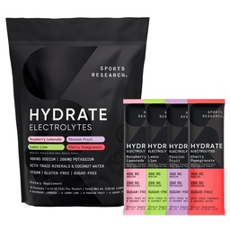 Sport Research® Hydrate Electrolytes Powder Packets - Sugar-Free & natural arovărate cu vitamine, minerale și apă de nucă de cocos - Sprijină Hidratare - 32 Pachete - Pachete de soiuri