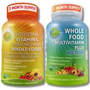 Vitamina lipozomala C 1500mg + Mancare integrala Vegana Multivitamine fara fier - Energie si suport imunitar Bundle cu acerola organica Cherry, Camu Camu & imbogatit cu alimente integrale 