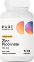 PureFormulas Zinc Picolinat 50 mg - Imunitate şi suport hormonal - Biodisponibil 50 mg Zinc Supliment 100 Capsule