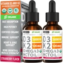 2 Pachet) Vitamina organică D3 K2 picături 5000 UI cu ulei MCT Omega 3 - Rezistenţă maximă lichid D3 fără file, non-GMO pentru absorbţie mai rapidă, suport imun (Strawberry, 2 Fl Oz)