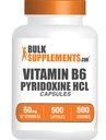 BulkSupplements.com Vitamina B6 Capsule - HCl piridoxină, vitamina B6 50mg - 1 capsulă per Serving, 500 capsule (Pachet de 1)