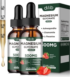 Magneziu Glicinate Picături lichide Supliment, cu magneziu Glicinate 500mg Ashwagandha, L - Theanină, Mușețel -Suport Stres Relief, Os, Muschi, Mood Căpșuni Flavor 2Pachet