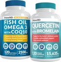 4-in-1 ulei de pește Omega 3 Suplimente (2100mg) - Omega 3 ulei de pește cu vitamine D3 & K2 și CoQ10 & 28-in-1 Querbetin cu supliment de Bromelain pentru suport zilnic de apărare imună (120ct)