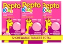 Comprimatele masticabile Pepto Kid pentru arsuri în capul pieptului, indigestie acidă, stomac acru şi stomac supărat, aromă de bubblegum, 72 Total (3 cutii de 24)