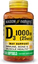 MASON NATURAL Vitamina D3 25 mcg (1000 UI), sprijină sănătatea generală, consolidează oasele și mușchii, din ulei de ficat de pește, 300 Softgels