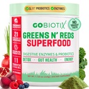 GOBIOTIX Super Greens și Reds Pulbere - Superfood roșu și verde - Supliment probiotic - Enzime digestive și pudră de sfeclă - Alimente organice întregi Supliment alimentar (Pom zmeură, 1 pachet)