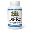 Factori naturali, vitamina D3 & K2 1000 UI şi 120 μg, susţine sănătatea osoasă şi vasculară, 60 Softgels