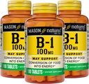 Mason Natural Vitamina B1 (Thiamin) 100 mg, Conversie sănătoasă a alimentelor în energie, Sprijină Nervi și Immune Health, 100 comprimate (Pachet de 3)