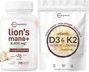 Micro Ingrediente Vitamina D3 10.000iu + K2 200mcg Ulei de cocos Softgels & Lions Mane Supliment 240 Capsule vegetale Bundle 2 Pachet 