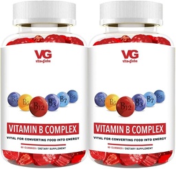 VITA GLOBE B Complex Gummy Vitamine - Aroma de capsuni cu vitamina C, Niacin, B6, B12 & Biotina pentru energie, Heart Health and Brain Support, 120 Conte (Pachet de 2)