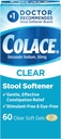 Colace Clear Stool Softener for Gentle Efficient Constipation Relief, #1 Doctor Recomandat Stool Softener Brand, Die Free, 50 mg Docusate Capsule, 60 Conte