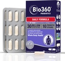 Bio360 Adult Daily Probiotic Supliment pentru femei si barbati, 30 Miliarde CFU, 10 Strains, Organic Prebiotic Fibers, Digestive & Imune Health, Constipaţie ocazională, Diaree, Gaz & Blooting, 30CT