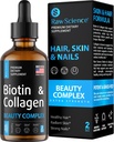 Colagen lichid & Biotin Suplimente pentru cresterea parului - Biotin 10000mcg Colagen Peptides 20000mcg picături - Vitamine de par pentru pierderea parului pentru femei si barbati, piele si unghii întăritor - Made in USA, 2 floz