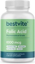 Acid folic BESTVITE 1000mcg (Vitamina B9) (240 Capsule vegetariene) - Nu fosfat dicalcic - Fără steari - fără oxid de siliciu - fără OMG-uri - fără gluten