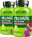 NATURLO Multivitamine prenatale cu Blind Chelated Fier, Folate de metil, Plant Calciu & Choline - Vegan, Vegetarian - Non-GMO - Gluten Free - 180 Capsule - 4 Luna de aprovizionare (Pachet de 2)