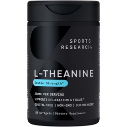 Sport de cercetare Dublă Putere L-Theanină Supliment - Suntheanine Softgels for Focus, Relaxare & Alertă - Suport non-Drowsy Made with Coconut Oil, Non-GMO & Gluten Free - 200mg, 120 Conte